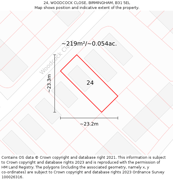 24, WOODCOCK CLOSE, BIRMINGHAM, B31 5EL: Plot and title map