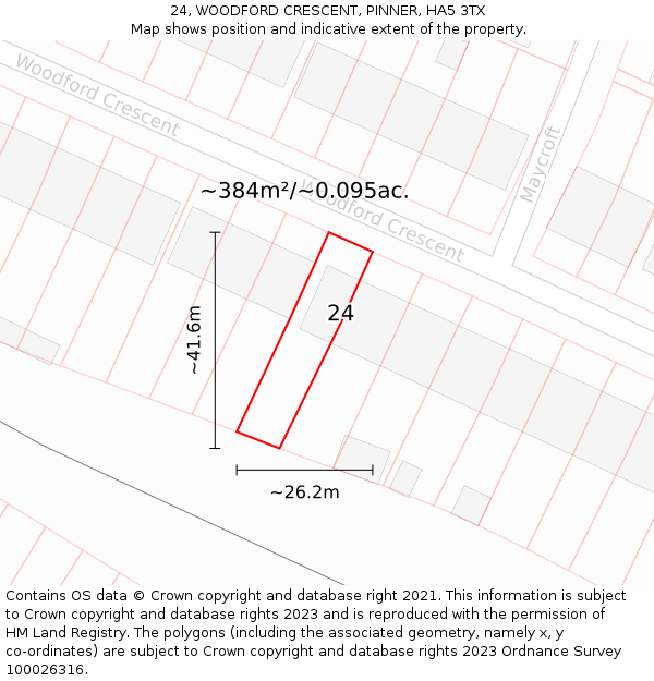24, WOODFORD CRESCENT, PINNER, HA5 3TX: Plot and title map