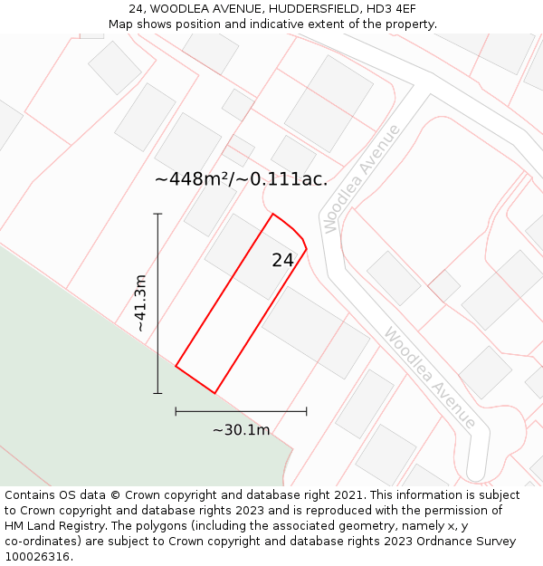 24, WOODLEA AVENUE, HUDDERSFIELD, HD3 4EF: Plot and title map