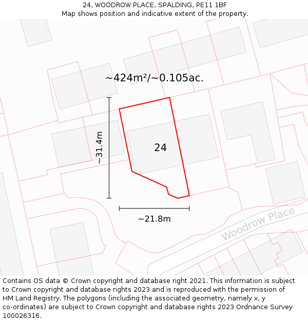 24, WOODROW PLACE, SPALDING, PE11 1BF: Plot and title map