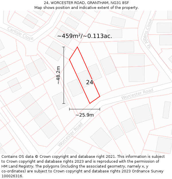 24, WORCESTER ROAD, GRANTHAM, NG31 8SF: Plot and title map