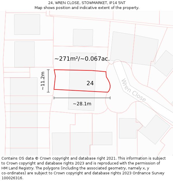 24, WREN CLOSE, STOWMARKET, IP14 5NT: Plot and title map