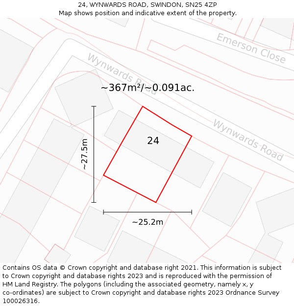 24, WYNWARDS ROAD, SWINDON, SN25 4ZP: Plot and title map