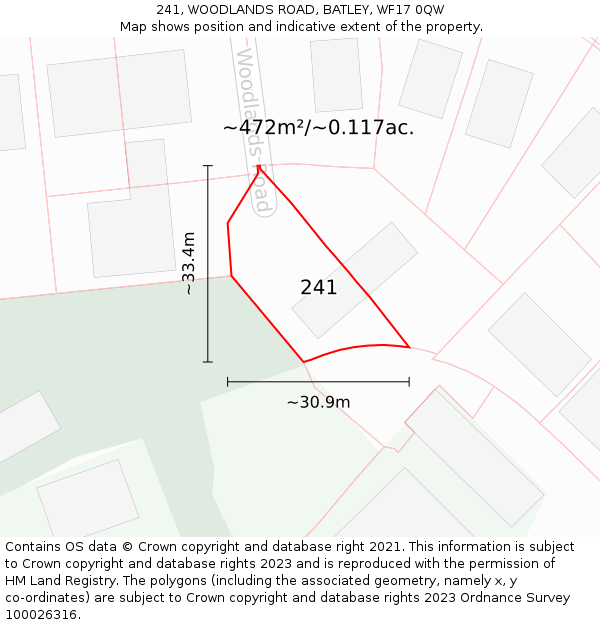 241, WOODLANDS ROAD, BATLEY, WF17 0QW: Plot and title map