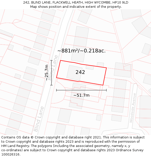 242, BLIND LANE, FLACKWELL HEATH, HIGH WYCOMBE, HP10 9LD: Plot and title map