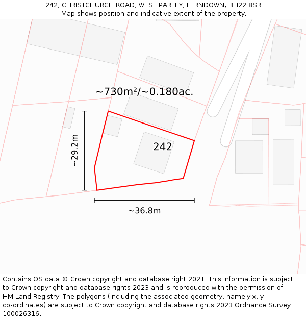 242, CHRISTCHURCH ROAD, WEST PARLEY, FERNDOWN, BH22 8SR: Plot and title map