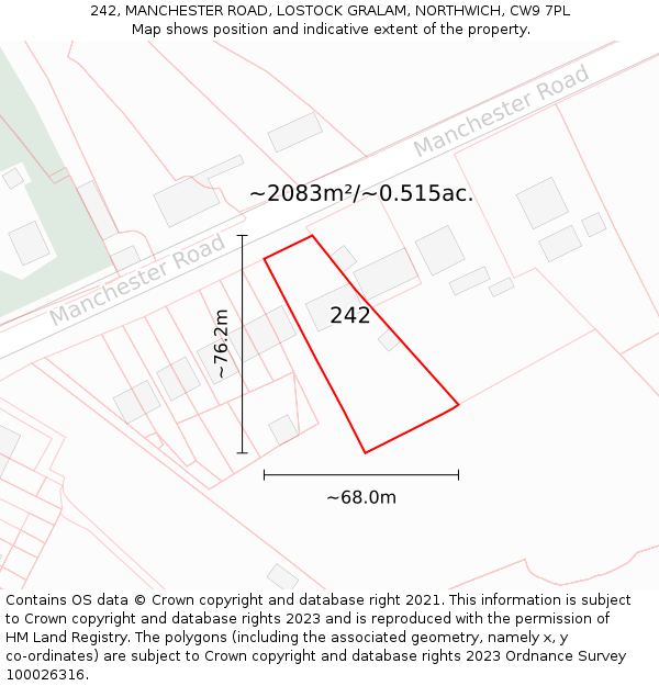 242, MANCHESTER ROAD, LOSTOCK GRALAM, NORTHWICH, CW9 7PL: Plot and title map