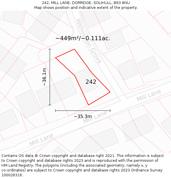 242, MILL LANE, DORRIDGE, SOLIHULL, B93 8NU: Plot and title map