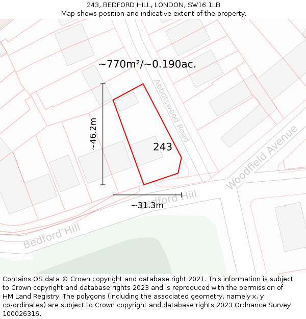 243, BEDFORD HILL, LONDON, SW16 1LB: Plot and title map