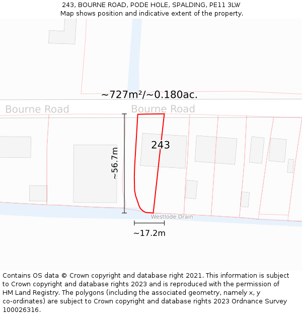 243, BOURNE ROAD, PODE HOLE, SPALDING, PE11 3LW: Plot and title map