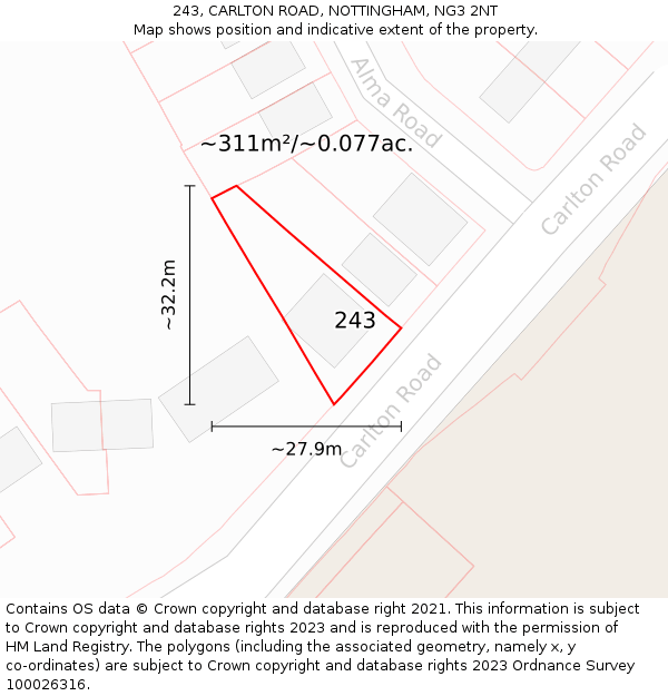 243, CARLTON ROAD, NOTTINGHAM, NG3 2NT: Plot and title map