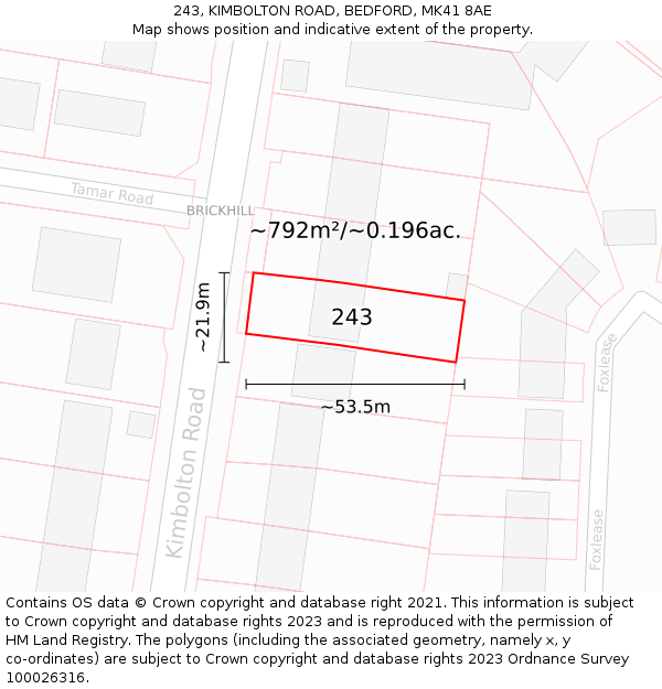 243, KIMBOLTON ROAD, BEDFORD, MK41 8AE: Plot and title map