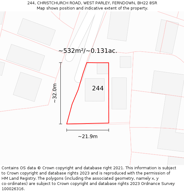 244, CHRISTCHURCH ROAD, WEST PARLEY, FERNDOWN, BH22 8SR: Plot and title map