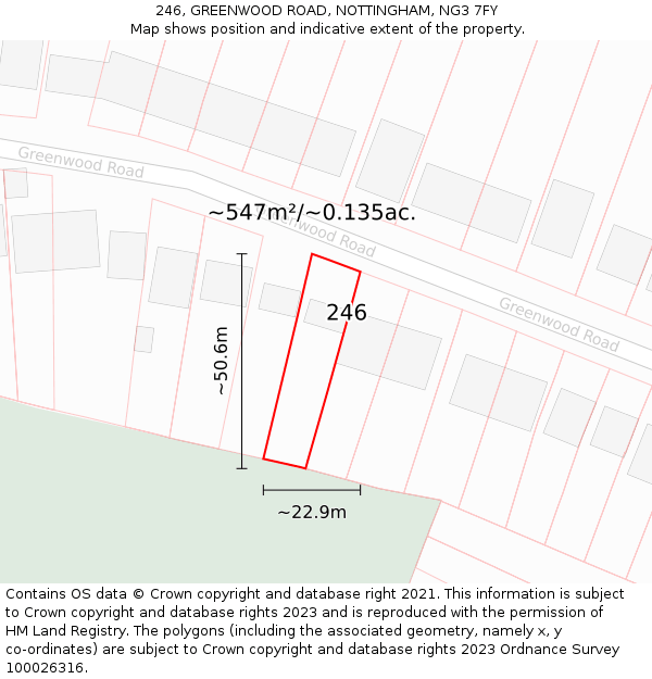 246, GREENWOOD ROAD, NOTTINGHAM, NG3 7FY: Plot and title map