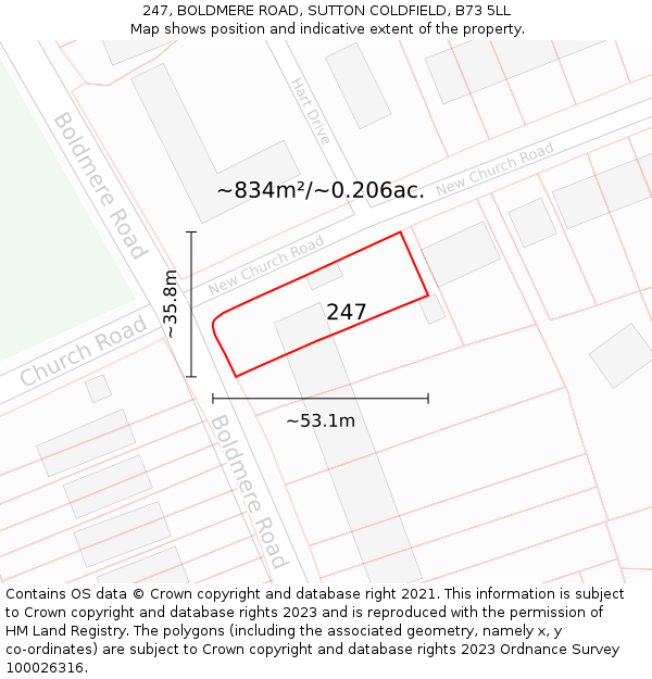 247, BOLDMERE ROAD, SUTTON COLDFIELD, B73 5LL: Plot and title map