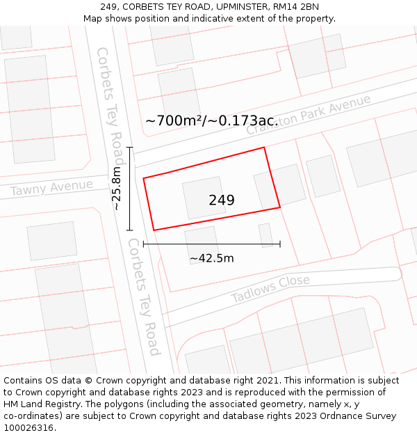 249, CORBETS TEY ROAD, UPMINSTER, RM14 2BN: Plot and title map