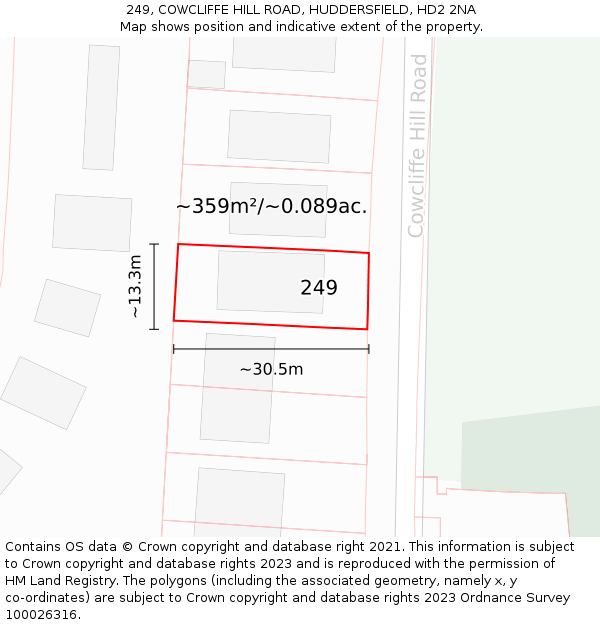 249, COWCLIFFE HILL ROAD, HUDDERSFIELD, HD2 2NA: Plot and title map