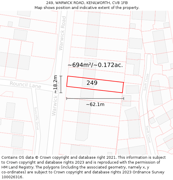 249, WARWICK ROAD, KENILWORTH, CV8 1FB: Plot and title map