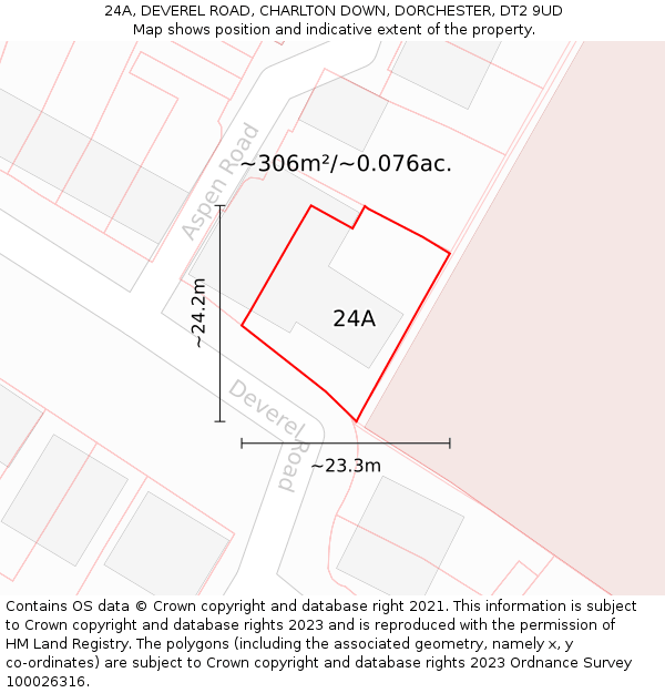 24A, DEVEREL ROAD, CHARLTON DOWN, DORCHESTER, DT2 9UD: Plot and title map