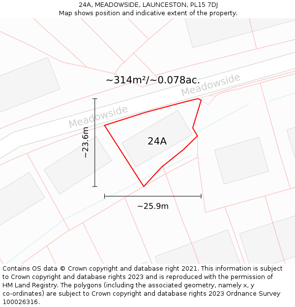 24A, MEADOWSIDE, LAUNCESTON, PL15 7DJ: Plot and title map