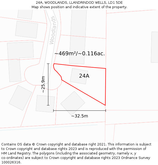 24A, WOODLANDS, LLANDRINDOD WELLS, LD1 5DE: Plot and title map