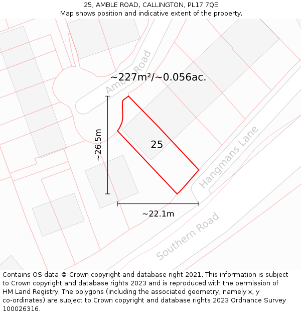 25, AMBLE ROAD, CALLINGTON, PL17 7QE: Plot and title map