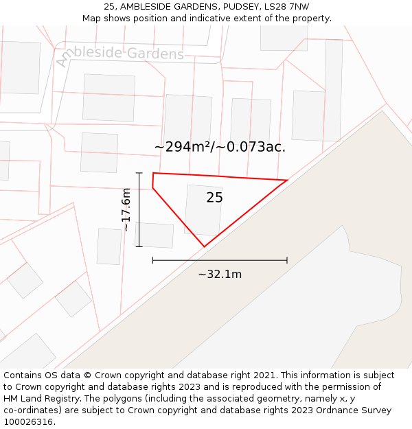 25, AMBLESIDE GARDENS, PUDSEY, LS28 7NW: Plot and title map