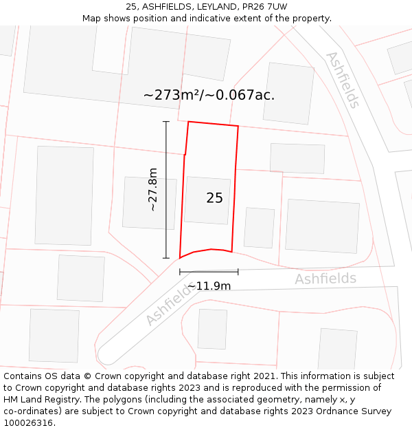 25, ASHFIELDS, LEYLAND, PR26 7UW: Plot and title map