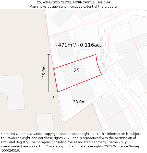 25, ASHWOOD CLOSE, HORNCASTLE, LN9 5HA: Plot and title map