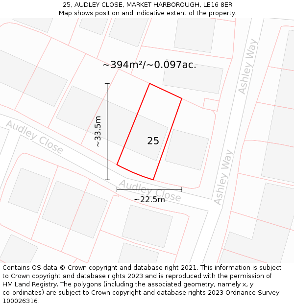 25, AUDLEY CLOSE, MARKET HARBOROUGH, LE16 8ER: Plot and title map