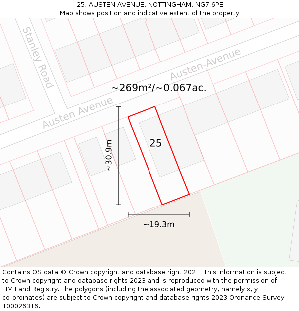 25, AUSTEN AVENUE, NOTTINGHAM, NG7 6PE: Plot and title map