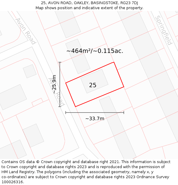 25, AVON ROAD, OAKLEY, BASINGSTOKE, RG23 7DJ: Plot and title map