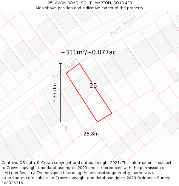 25, AVON ROAD, SOUTHAMPTON, SO18 4FR: Plot and title map