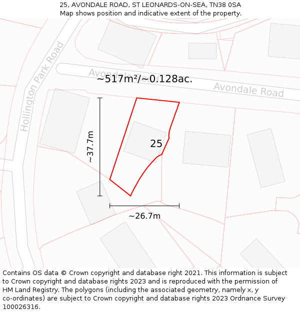 25, AVONDALE ROAD, ST LEONARDS-ON-SEA, TN38 0SA: Plot and title map