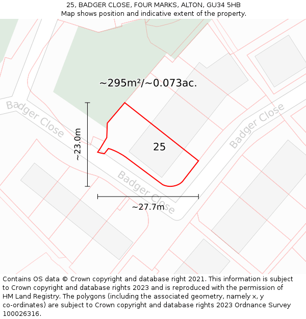 25, BADGER CLOSE, FOUR MARKS, ALTON, GU34 5HB: Plot and title map