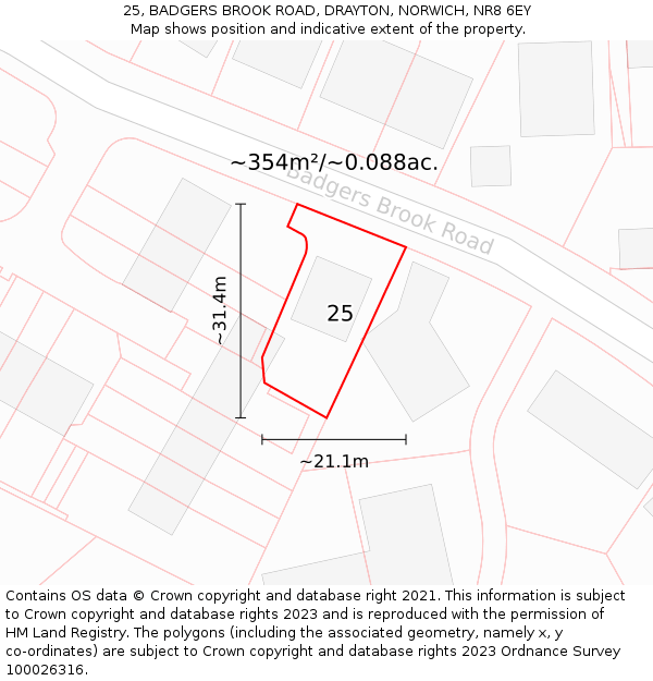 25, BADGERS BROOK ROAD, DRAYTON, NORWICH, NR8 6EY: Plot and title map