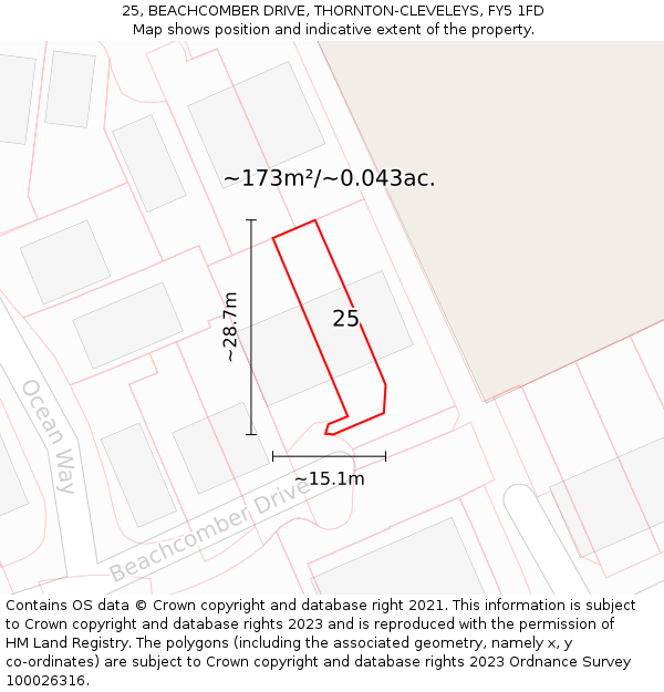 25, BEACHCOMBER DRIVE, THORNTON-CLEVELEYS, FY5 1FD: Plot and title map