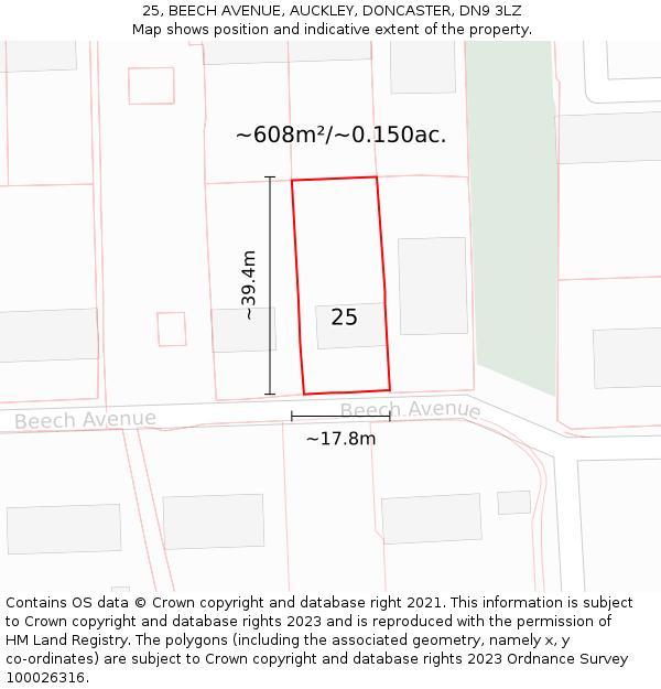 25, BEECH AVENUE, AUCKLEY, DONCASTER, DN9 3LZ: Plot and title map