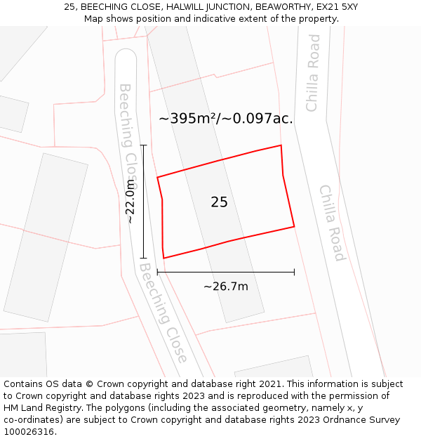 25, BEECHING CLOSE, HALWILL JUNCTION, BEAWORTHY, EX21 5XY: Plot and title map