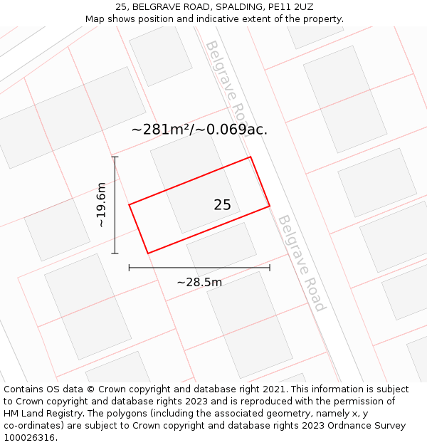 25, BELGRAVE ROAD, SPALDING, PE11 2UZ: Plot and title map