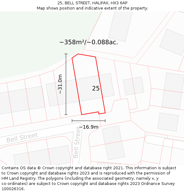 25, BELL STREET, HALIFAX, HX3 6AP: Plot and title map