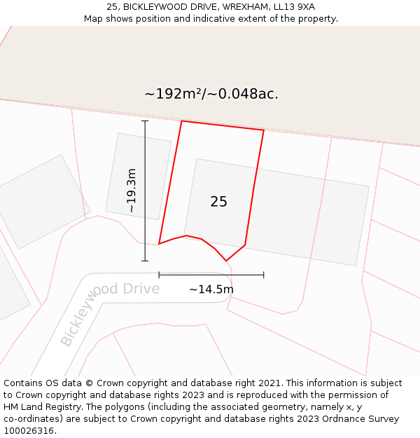 25, BICKLEYWOOD DRIVE, WREXHAM, LL13 9XA: Plot and title map