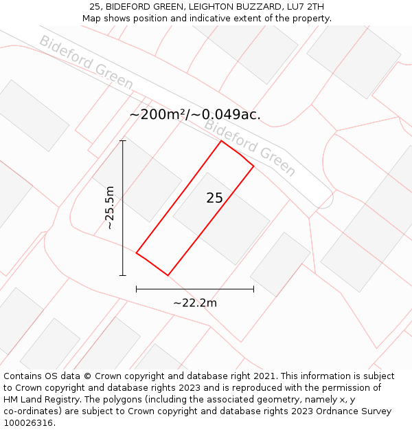 25, BIDEFORD GREEN, LEIGHTON BUZZARD, LU7 2TH: Plot and title map