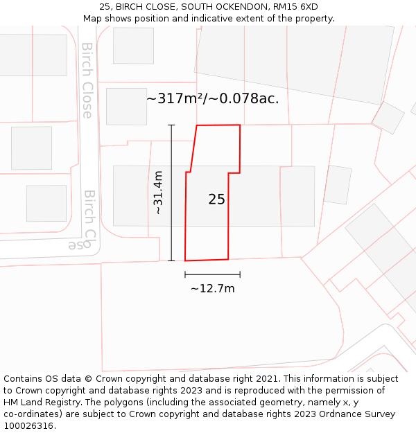 25, BIRCH CLOSE, SOUTH OCKENDON, RM15 6XD: Plot and title map