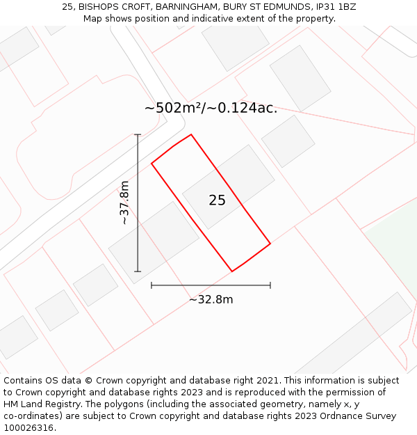 25, BISHOPS CROFT, BARNINGHAM, BURY ST EDMUNDS, IP31 1BZ: Plot and title map