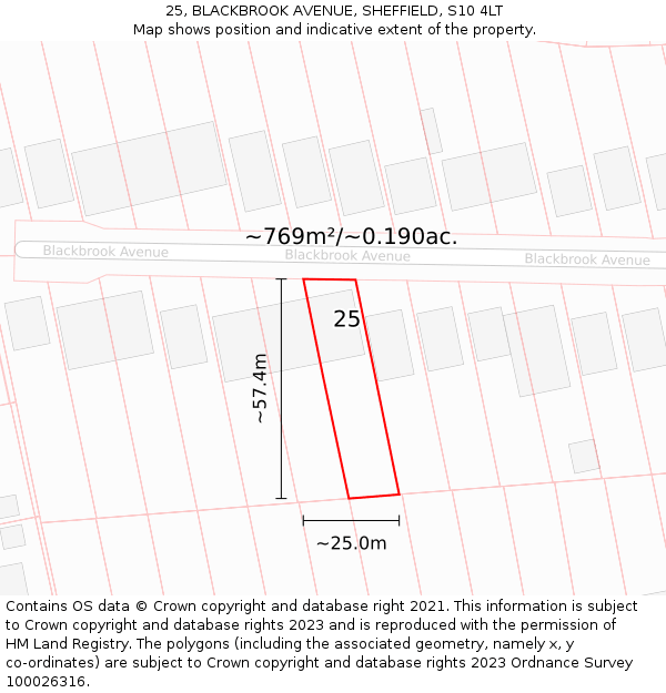 25, BLACKBROOK AVENUE, SHEFFIELD, S10 4LT: Plot and title map