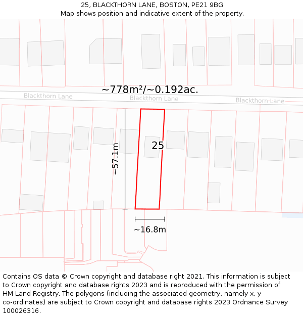 25, BLACKTHORN LANE, BOSTON, PE21 9BG: Plot and title map