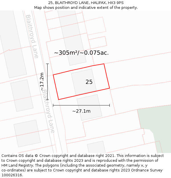 25, BLAITHROYD LANE, HALIFAX, HX3 9PS: Plot and title map