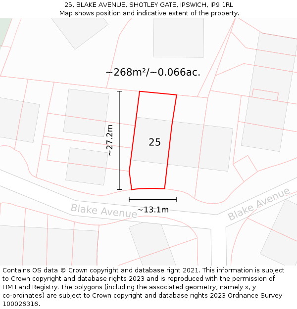 25, BLAKE AVENUE, SHOTLEY GATE, IPSWICH, IP9 1RL: Plot and title map