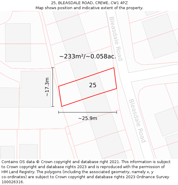 25, BLEASDALE ROAD, CREWE, CW1 4PZ: Plot and title map